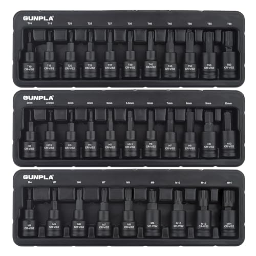 Gunpla Juego de brocas de impacto de 3/8 pulgadas CR-V, S2 de acero impactado poco profundo métrico 31 piezas hexagonales de 2-10 mm, Torx T10-T60, Spline M4-M14 Star Allen Bit Tools