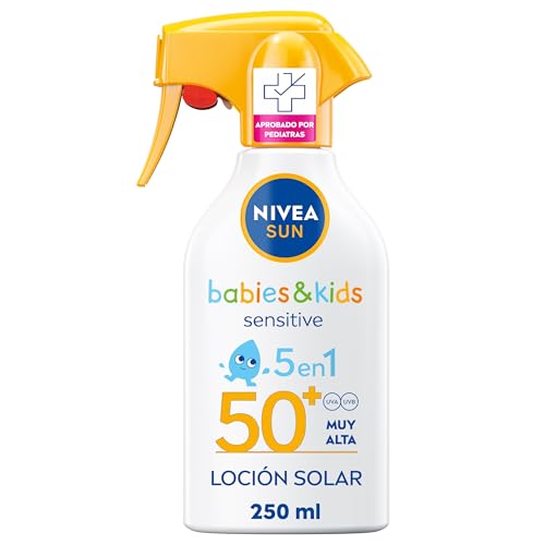fjuegaNIVEA SUN Babies & Kids Sensitive - Spray FP50+ - Protector Solar Infantil - Protección UVA/UVB - Resistente al Agua - Crema para Bebés y Niños - Piel sensible - Desde 6 meses - 250 ml