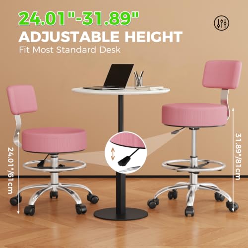 Image of Office Drafting Chair with Footrest, Tall Height Adjustable Stool with Back Support, Heavy Duty Rolling Stool Chair with Wheels for Office Home Kitchen Bar Shop Guitar Studio Vanity, Pink