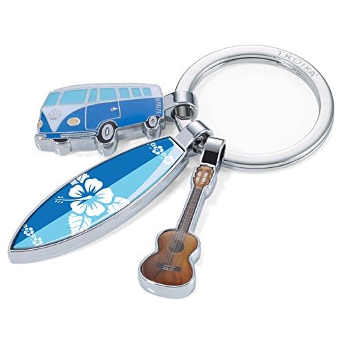 TROIKA SURFMATE T1 - KR16-14/CH - Nostalgie-Schlüsselanhänger - mit 3 Anhängern - Bulli, Surfbrett, Gitarre - glänzend - mehrfarbig
