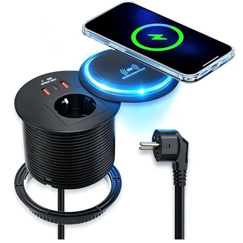 4 en 1 Enchufe Retráctil para Encimera, Enchufe Empotrable Mesa 15W Carga Inalámbrica + USB-C PD 20W + USB-A QC 20W + Toma Schuko, Enchufe Escamoteable para Cocina Oficina, Diámetro 80mm, Cable 2m