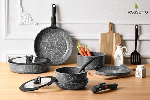 ROSSETTO Batterie de Cuisine, Set de casserole poele induction avec poignée amovible et revêtement anti-adhésif en céramique, empilable Set de casseroles (Gris Cendré, 16 pièces) – vue 2