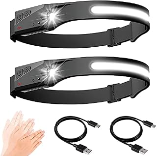 Head Torch 2 Pack, COB LED Head Torches, USB Rechargeable Headlamp Induction with 5 Modes, Super Bright IPX4 Waterproof Camping Lights for Adults, 1200mAh Lightweight Headlights for Running, Fishing