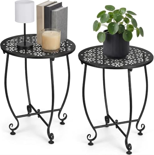 DARCKLE 2 Pack 14 Inch Outdoor Side Tables for Patio, Weather Resistant Round Coffee Table,Plant Stand,Small Round Outdoor End Table for Patio,Yard Porch Balcony Garden