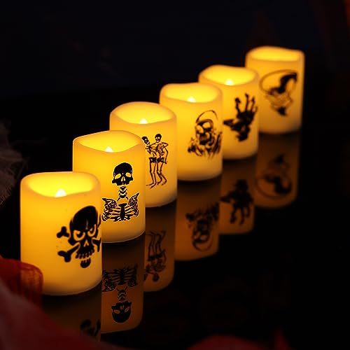 Image of Halloween Battery Operated Flameless LED Votive Candle Skull Skeleton 6 PCS