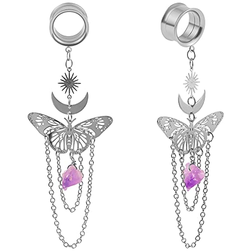 DOEARKO 2PCS New Butterfly-Pendant Hypoallergenic Stainless Steel Dangle Ear Plugs Tunnels Ear Gauges Stretcher Pair Selling 2g 0g Piercing Body Jewelry (16mm(5/8"), Silver)