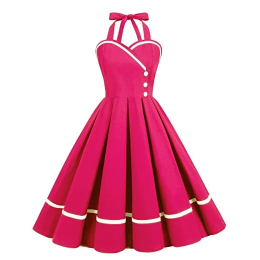 Women Vintage Dresses 1950s Retro Halter Audrey Hepburn 50's 60's Cocktail Swing Dress Sleeveless Tea Party Dress Hot Pink