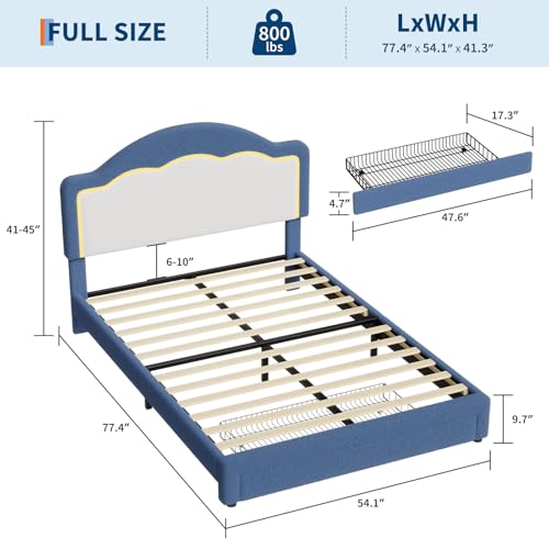 Image of GarveeHome Full Size Bed Frame with LED Headboard for Kids, Sherpa Upholstered Platform Bed Frame with Storage Drawer and Wood Slat Support, No Box Spring Required, Easy to Assemble (Blue, Full)
