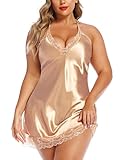 Avidlove Plus Lingerie Set for Women Plus Size Satin Lace Chemise Nightgown Silk Slips Bodysuit (Golden, X-Large)