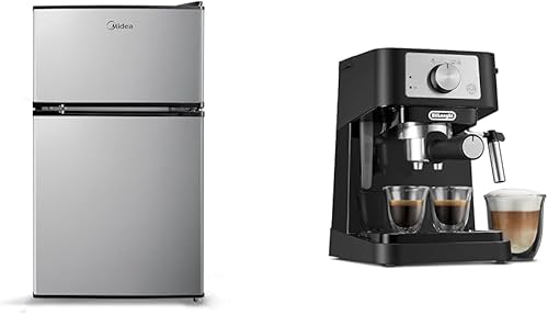Midea WHD-113FSS1 - Refrigerador compacto, 3.1 pies cúbicos, acero inoxidable y máquina manual De'Longhi Stilosa, máquina de café con leche y