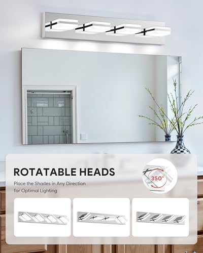 Image of VONLUCE Bathroom Vanity Light Fixture, 4-Light Modern LED Vanity Light, 3CCT Adjustable Bathroom Lights with Memory Function Rotatable Shades, 26 inch Wall Lighting Fixture Over Mirror, Chrome