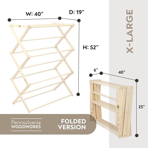 Image of Pennsylvania Woodworks Premium American Maple Clothes Drying Rack - Handcrafted in Pennsylvania - Solid Wood Construction, Collapsible, Eco-Friendly Laundry Solution (X-Large)