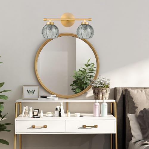 Image of Gold Bathroom Light Fixtures Vanity Wall Light Over Mirror 2-Lights Green Glass Wall Sconces Mid Century Wall Mount Light Fixture Modern Wall Light for Bathroom Stairs Bedside Bedroom