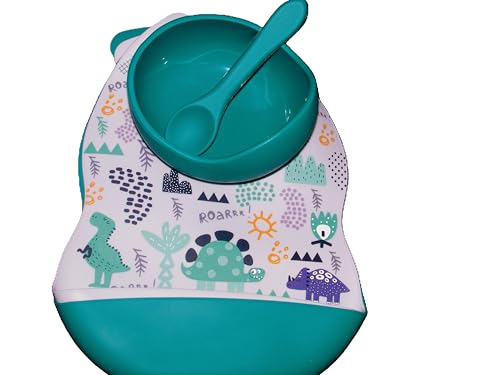 Kids Silicone marble Dinosaur print Bib set with Bowl and Spoon, Marble & Teal. 4-piece4