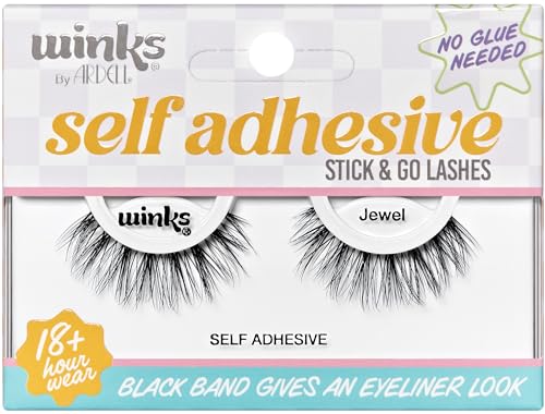 Ardell Winks Self-Adhesive False Eyelashes, Jewel Stick & Go Lashes, Round Doll Shape, Comfortable & Lightweight, Pre-Glued for Easy Application, Up to 18 Hours of Wear, 1 Pair of Strip Lashes
