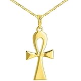 Solid 14K Yellow Gold Egyptian Ankh Cross Pendant Necklace with Concave Curb Chain Necklace, 18'
