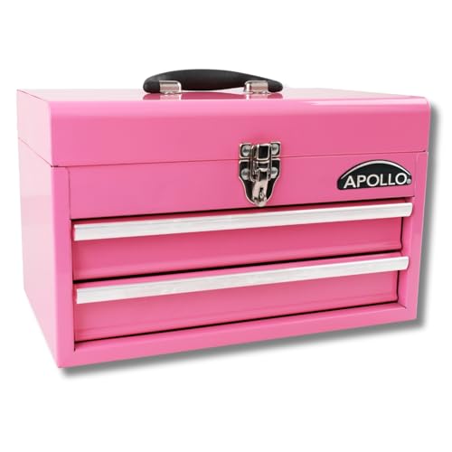 Apollo Tools 14 Inch Steel Tool Box with Deep Top Compartment and 2 Drawers in Heavy-Duty Steel With Ball Bearing Opening and Powder Coated Finish - Pink Ribbon - Pink - DT5010P