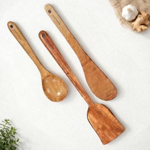 Image of SOLARA Neem Wooden Spatula Set of 3, Wooden Ladle, Skimmer, Dosa Spatula Kitchen Tools, Naturally Antibacterial Eco-Friendly & Non-Toxic Ideal for Non-Stick Cookware