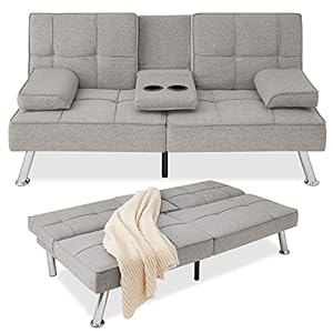 Best Choice Products Linen Upholstered Modern Convertible Folding Futon Sofa Bed for Compact Living Space, Apartment, Dorm, Bonus Room w/Removable Armrests, Metal Legs, 2 Cupholders – Light Gray