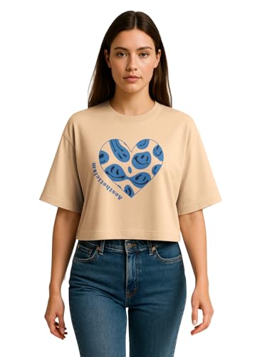 Image of HELLCAT Beige Printed Loose Fit Crew-Neck Crop T-Shirt for Women