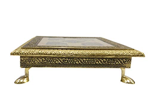 Image of Handmade Wooden Pooja Bajot Chowki (20 cm x 20 cm x 5 cm, Gold) N427