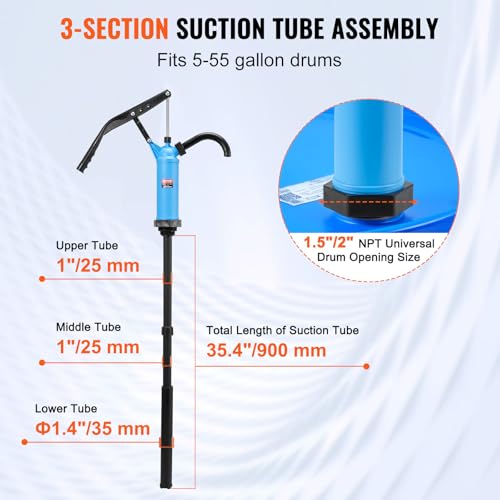 Image of VEVOR Drum Pump, 9.5 oz. Per Stroke, Lever-Action Barrel Pump, Fits 5-55 Gallon Drums with 3-Section Suction Tube Assembly & Hose, Hand Operated, Designed to Transfer Water, Alcohol, Corrosive Liquids