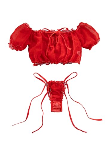 Image of Lilosy Sexy Stretch Ruffle Tie Sheer Mesh Lingerie Set Outfits