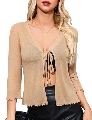 Image of Aiboria Womens 3 /4 Sleeve Shrug Sheer Mesh Bolero Tie Front Cropped Cardigan S-XXL