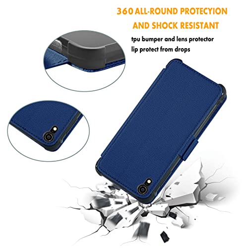 Pytwopy Wallet Case For Iphone Xr [Credit Card Holder],[Rfid Blocking], Shockproof Leather Flip Phone Case With Screen Protector Magnetic Clasp Kickstand Protective Cover,Apple Xr,Dark Blue #TOP3