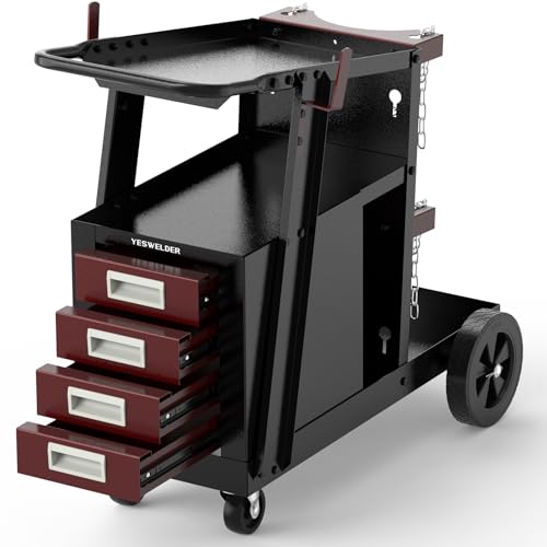 Image of YESWELDER Welding Cart with 4 Drawers for MIG Welder TIG Welder and Plasma Cutter, Black&Red Version Heavy Duty Large Storage 360 Rolling Welding Trolley