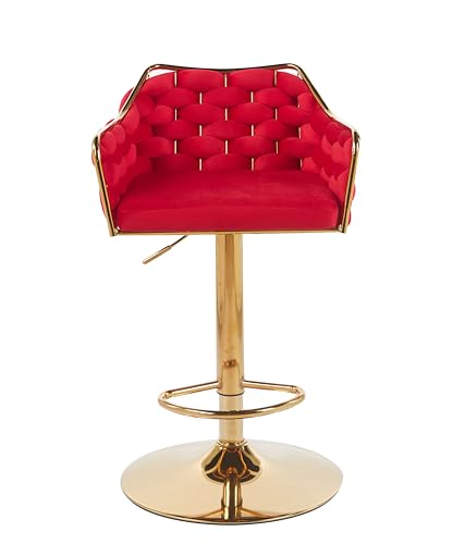 Image of Creative Upholstered Red Bar Stool with Golden Plated Base | Modern Counter Height Chair with Padded Seat, Swivel & Footrest (Pack of 1)