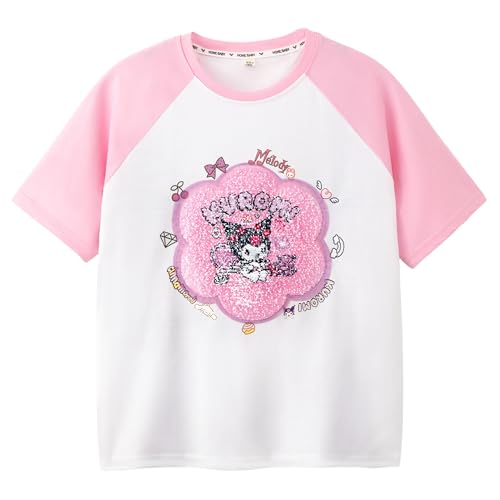 Cartoon Flip Sequin Shirt for Girls Cotton Crewneck Tshirt Short Sleeve Graphic Tees Summer Color Block Tops