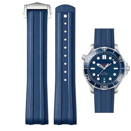 YISIWERA Silicone Watch Band FKM for Omega Seamaster New 300 Diving 42mm, 20mm Curved End Watch Strap Rubber for Men Women with Deployment Buckle (Royal Blue)
