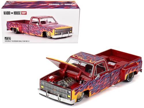 True Scale Miniatures Model Car Compatible with Chevrolet Silverado Dually on Fire V1 Red with Flames Limited Edition 1/64 Diecast Model Car Kaido House KHMG127