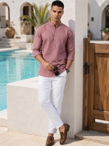 Image of Majestic Man Men's Pure Cotton Solid Mandarin Collar Slim Fit Roll-Up Sleeves Short Kurta Lightweight Summer Kurta for Daily & Occasion Use
