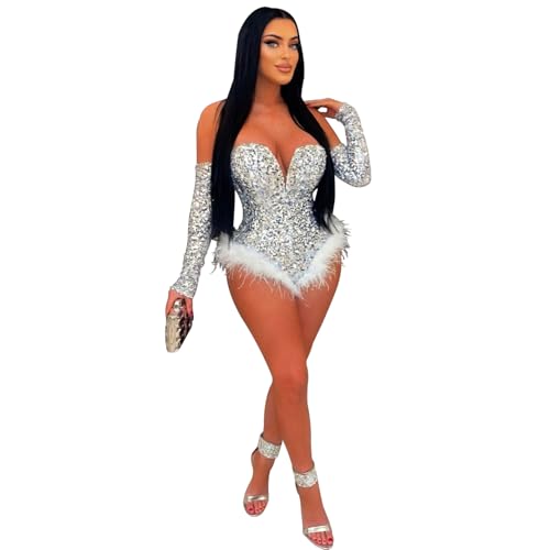 Western F.a.s.h.i.o.n Off-Shoulder Long-Sleeve Sequin Bodysuit with Fur Trim (Silver, M)