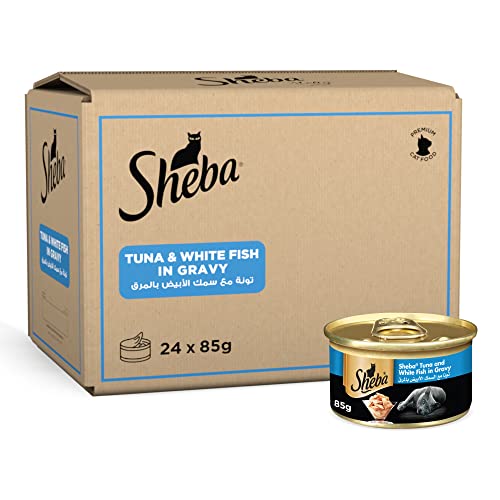 Sheba Cat Food Tuna & White Fish Can, made from Natural Ingredients with Essential Vitamins & Minerals this Sheba Wet Food is made with a Grain Free Formula Suitable for Sensitive Cats, Pack of 24x85g