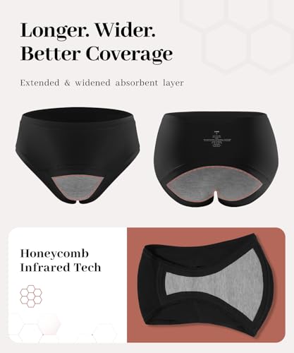 CARER Period Underwear for Women, Mid-Waist Leakproof Cotton Briefs, Reusable Menstrual Panties for Active Daily Incontinence Underwear with Absorbent Inner Layer, 3-Pack(Black*2,Purple),3XL — view 5