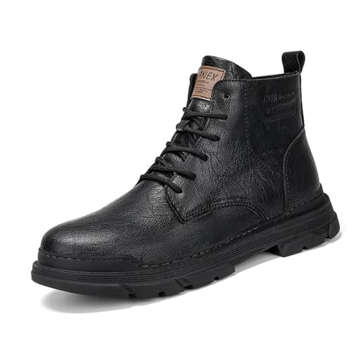 Image of Men's Leather Lace Up Motorcycle Combat Boots Retro Round Toe lug sole Chukka Ankle Boots Casual Waterproof Oxford Dress Work Boot