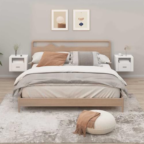LoogCape Juego de 2 mesitas de noche de pared, color blanco brillante, 50 x 36 x 40 cm, flotantes para dormitorio, madera estable, mesa auxiliar versátil