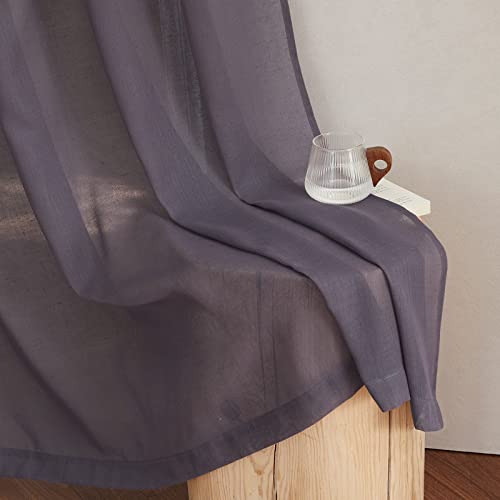 NICETOWN Flax Linen Sheer Curtains for Living Room, Grommet Vertical Semi Sheer Curtains Privacy Drapes with Light Filter for Villa/Cottage, W52 x L84, Purple Brown, 1 Pair