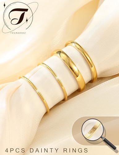 THUNARAZ 14K Gold Filled Rings Stacking Rings for Women Stackable Thin Gold Ring Plain Pinky Thumb Midi Statement Band Ring Comfort Fit 4Pcs 1mm 2mm 3mm 5mm3