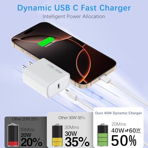 Image of iPhone 17 Charger Fast Charging, 40W Dynamic Wall Charger with 60W Max,2Pack USB C Charging Block Power Adapter 6FT USB C Woven Cable Cord for iPhone 17 Pro Max /17 Air /16e /15 Plus,iPad Pro /Air /Mini