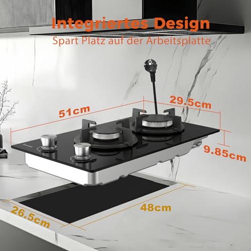 Topwish Gaskochfeld 2 flammig, Gasherd 2 flammig 4750W | Glas Gaskochfeld einbau, NG/LPG konvertierbar, zündautomatik, thermoelementschutz, 30cm – Bild 4