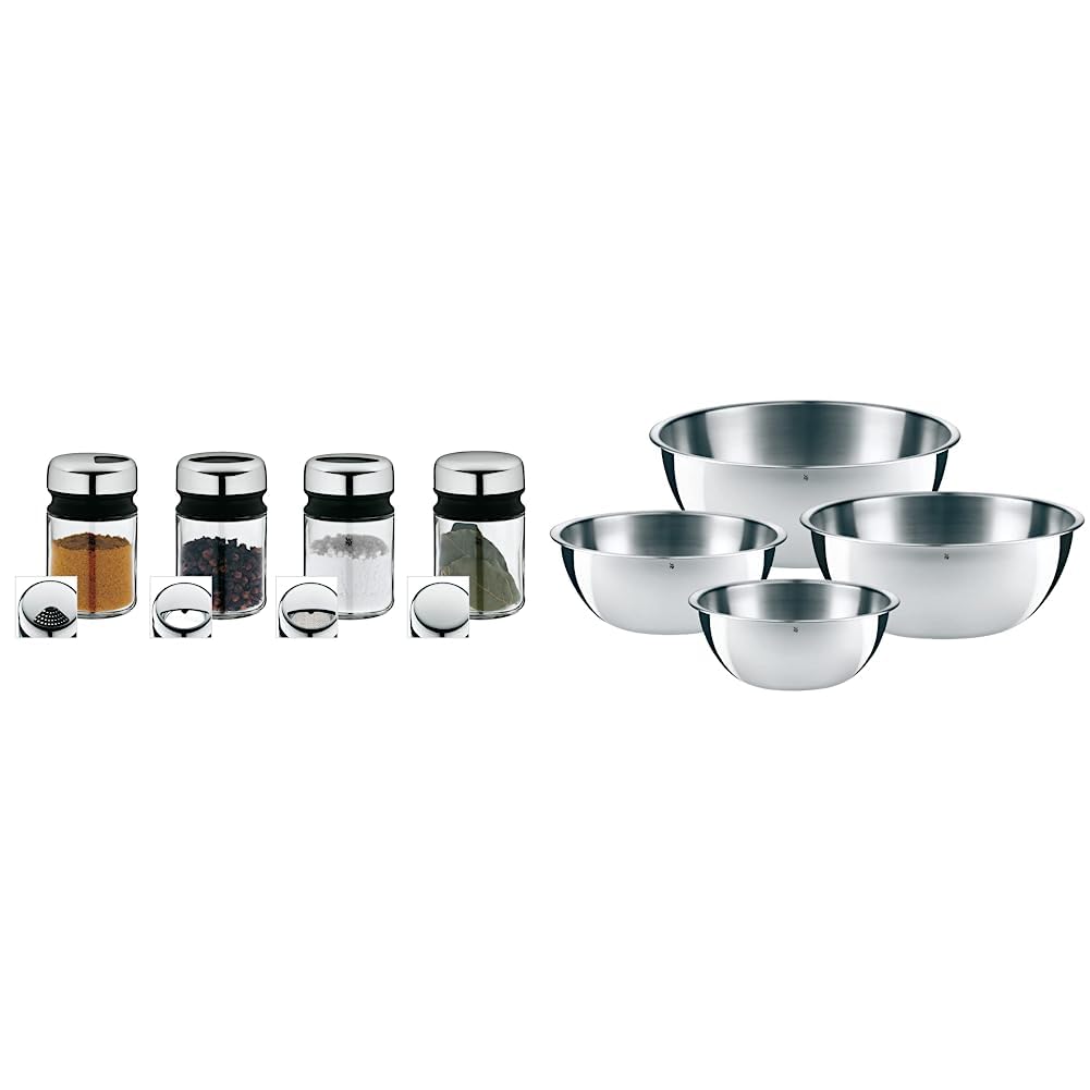 WMF Depot Gewürzstreuer Set 4-teilig, 100ml, Gewürzdose & Gourmet Schüsselset 4-teilig, Edelstahl Schüsseln für die Küche 1,0l - 3,5l, Rührschüssel
