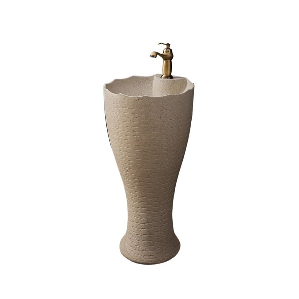 Free-Standing Floor Standing Pedestal Sink Bathroom Ceramic Washbasin with Faucet and Drain Kit Lavatory Column