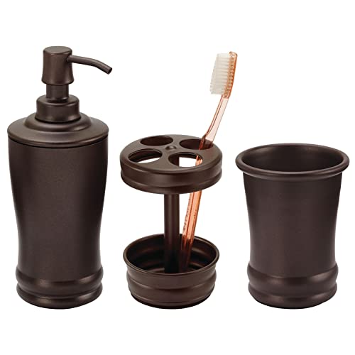 mDesign Metal Bathroom Vanity Countertop Accessory Set - Includes Refillable Soap Dispenser, Divided Toothbrush Stand, Tumbler Rinsing Cup - 3 Pieces - Bronze