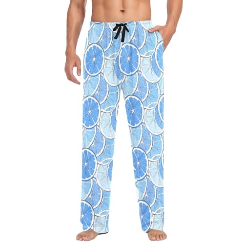 Mens Cotton Pajama Pants Sleep Lounge Pj Bottoms Sleepwear with Pockets Drawstring S Lemon Blue