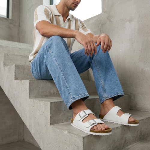 Image of CUSHIONAIRE Lane Cork Footbed Mens Sandals, Adjustable Buckle Comfort Slides for Men, Genuine Leather Insole Summer Sandals Men Footwear