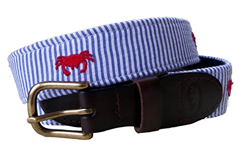 Men's Red Crab on Blue Seersucker, Leather Tab and Buckle